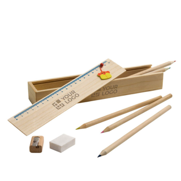 Set with ruler, coloured pencils, sharpener and eraser