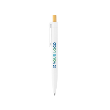 Recycled plastic ballpoint pen with bamboo push button, blue ink