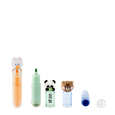 Set of three colourful animal-themed pens with stamp for children