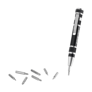 Pen-shaped metal holder with 8 screwdrivers printed with logo