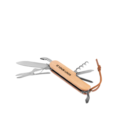 Bamboo and stainless steel multi-tool knife with cord