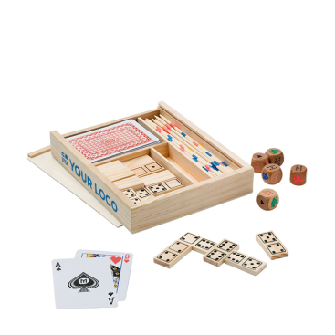 Dominoes, Mikado, cards, dice games in wooden box