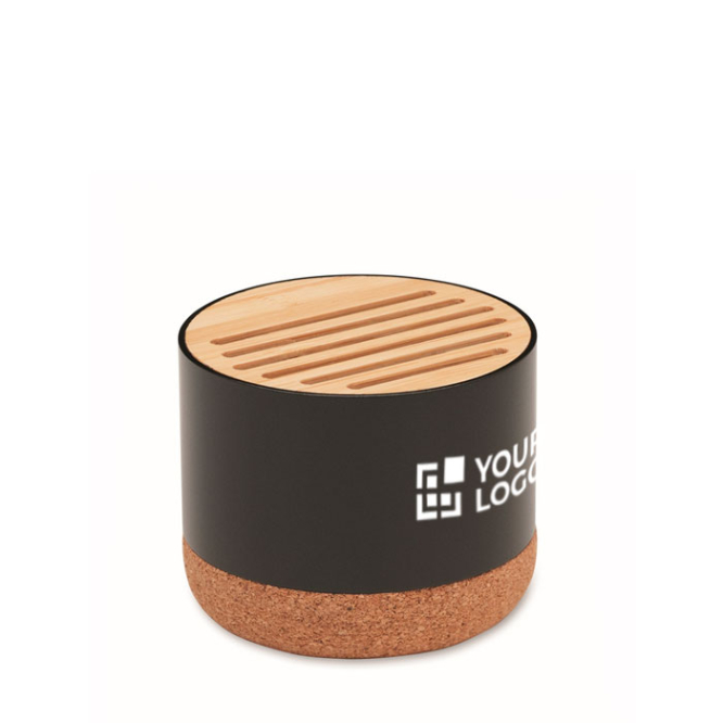 Wireless speaker with cork base and bamboo details
