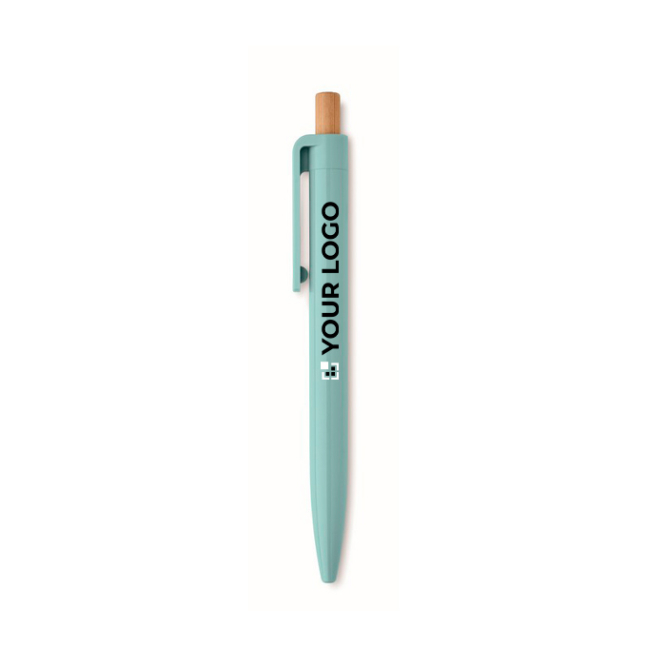 Monochrome pen with bamboo push-button and blue ink