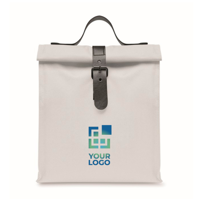 Polyester roll-top cooler bag with handle and leather closure