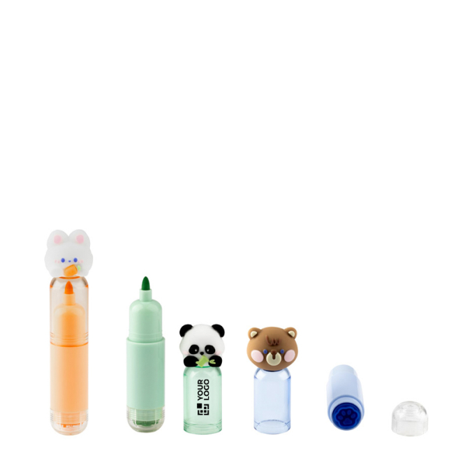 Set of three colourful animal-themed pens with stamp for children