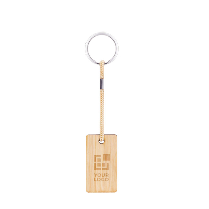 Rectangular bamboo keyring with cord and metal ring