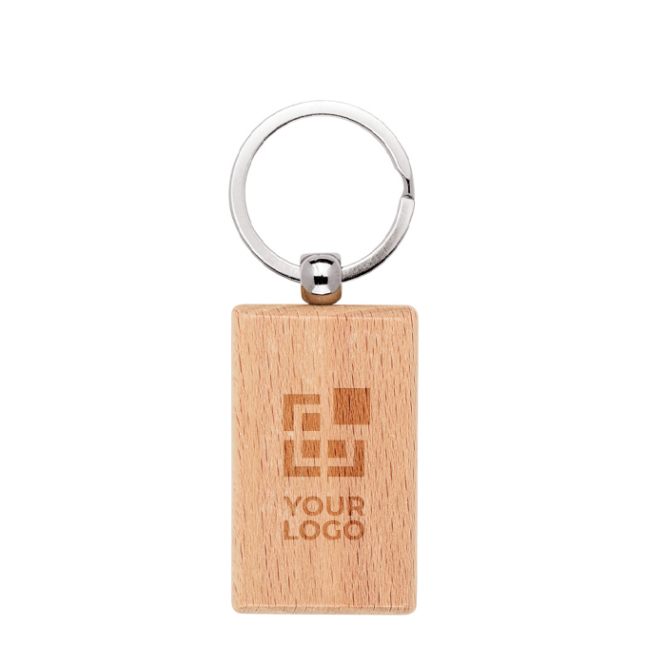 Rectangular keyring in beech wood with metal ring
