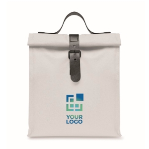 Polyester roll-top cooler bag with handle and leather closure