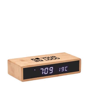LED table clock with wireless phone charging, bamboo housing