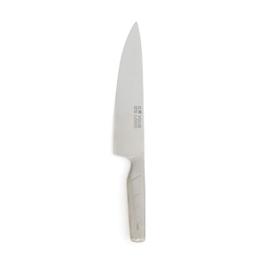 Curved Japanese steel kitchen knife with wide blade