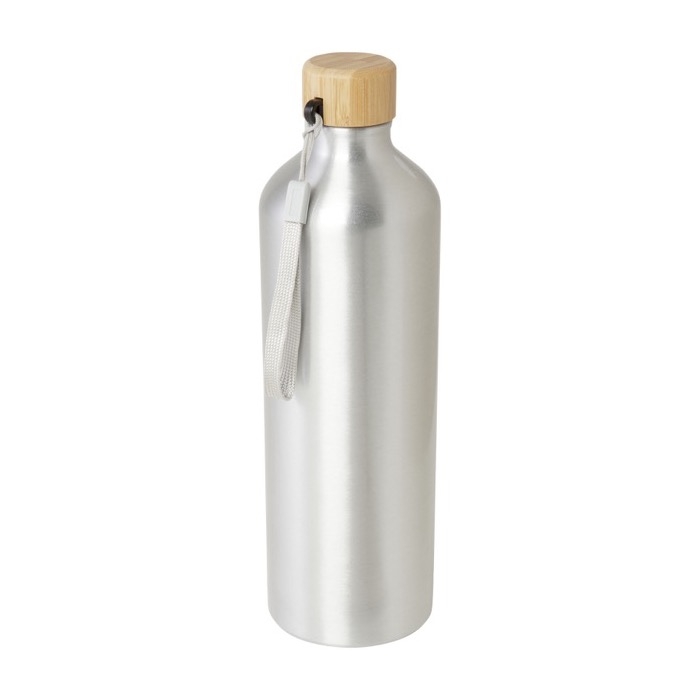 Large recycled aluminium bottle with bamboo lid and strap, 1 L