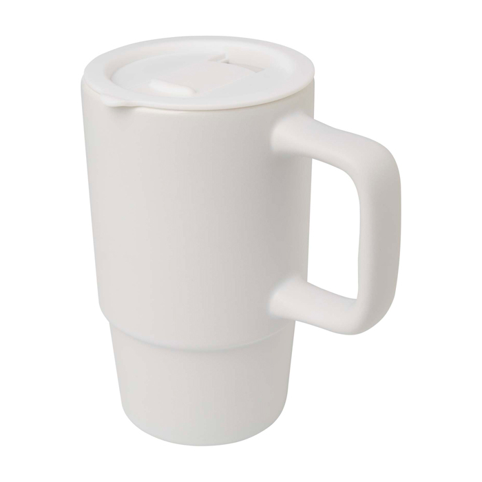 Ceramic mug, plastic lid, large handle, 450ml