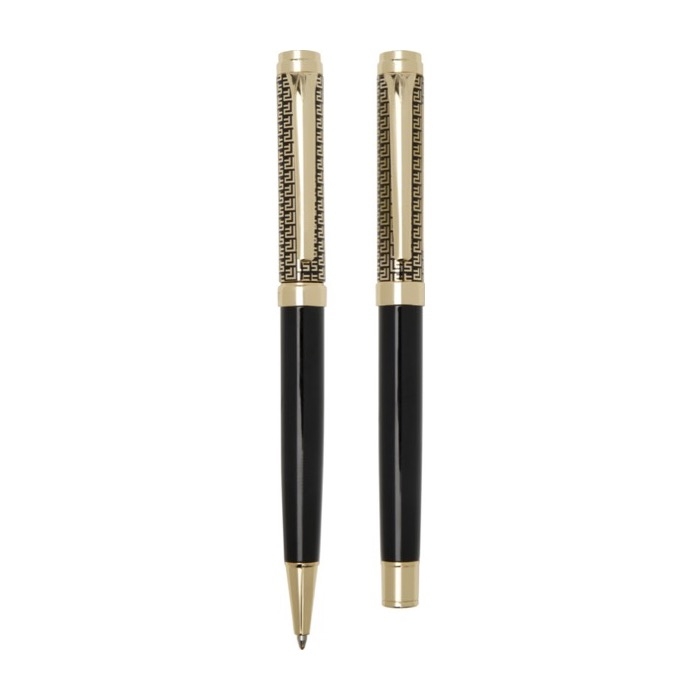 Pen and rollerball set with gold-plated chrome finish, blue ink