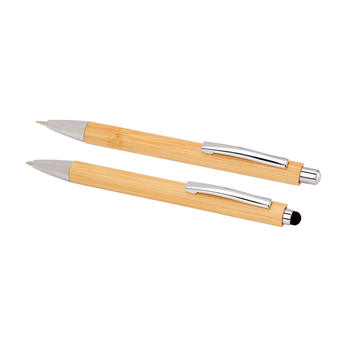 Bamboo pen and mechanical pencil with metal clip, black ink