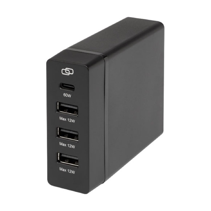 Charging station with 3 ports, EU/UK cables, and fast charging