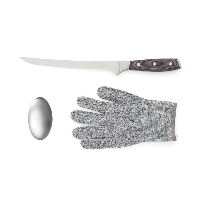 Steel knife set with glove and metal soap