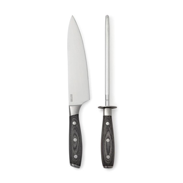 Kitchen knife set with sharpener, stainless steel