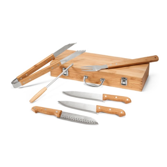 6-piece grill set, bamboo & stainless steel, in a case
