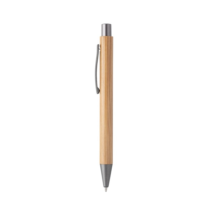 Bamboo ballpoint pen with metal clip, gray, blue ink