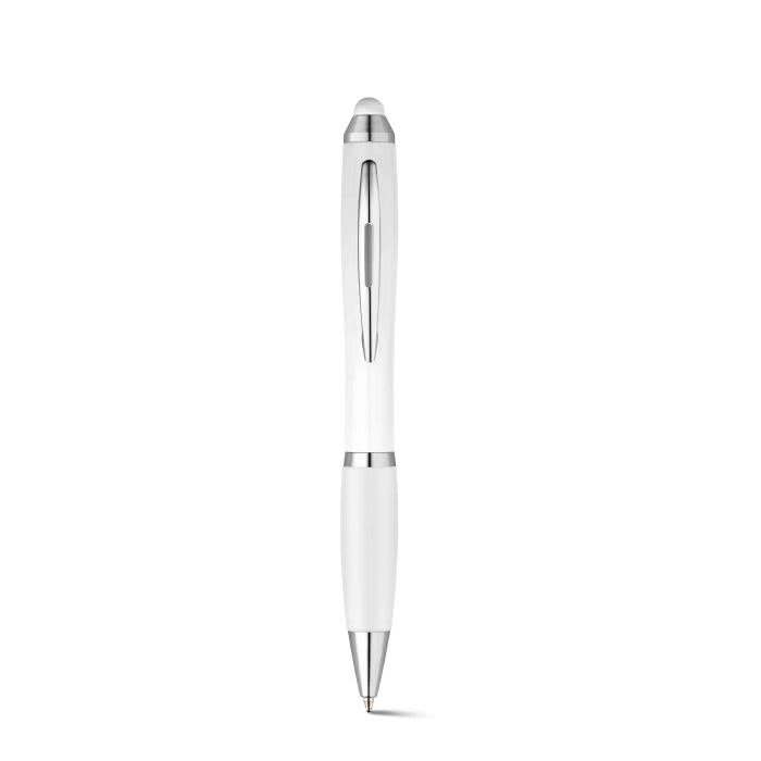 Ballpoint touch pen with white barrel & blue ink
