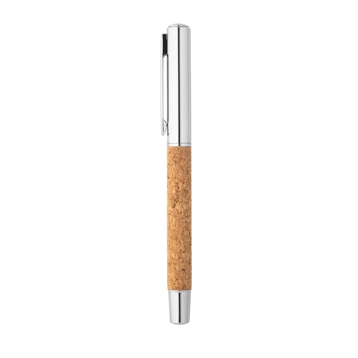 Recycled stainless steel and cork rollerball with clip, blue ink
