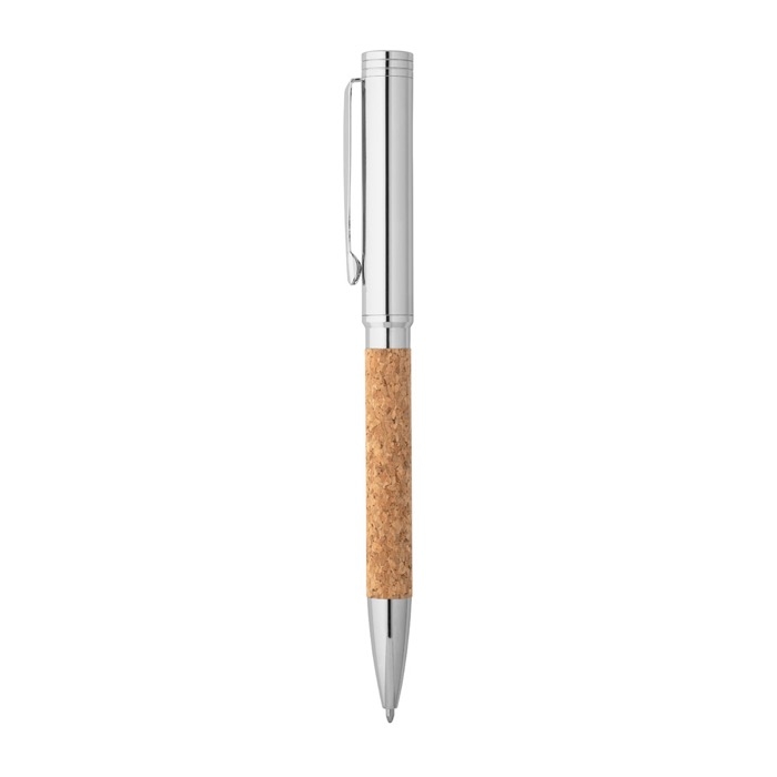 Cork and metal pen with twist mechanism, blue ink