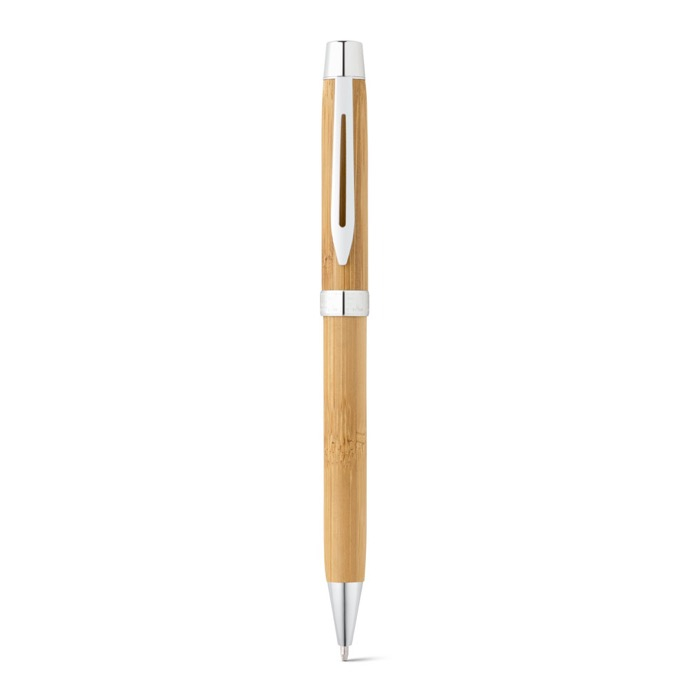 Natural bamboo pen with metal clip, blue ink