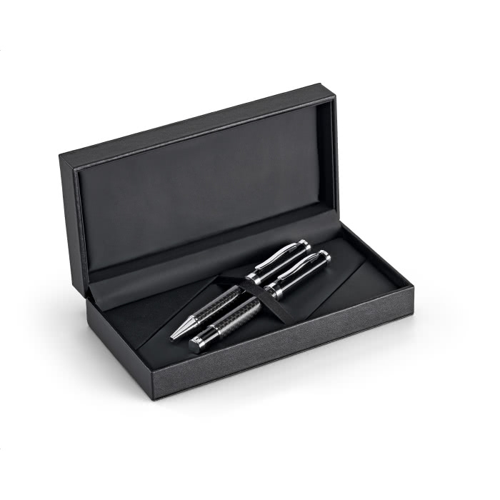 Rollerball and ballpoint pen set metal and carbon fibre