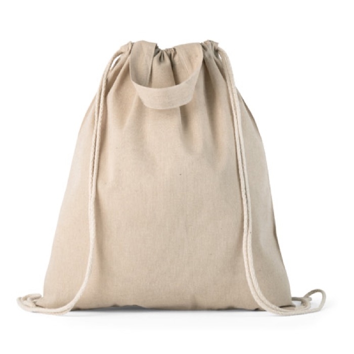 Recycled cotton drawstring bag with handles, 140 g/m2