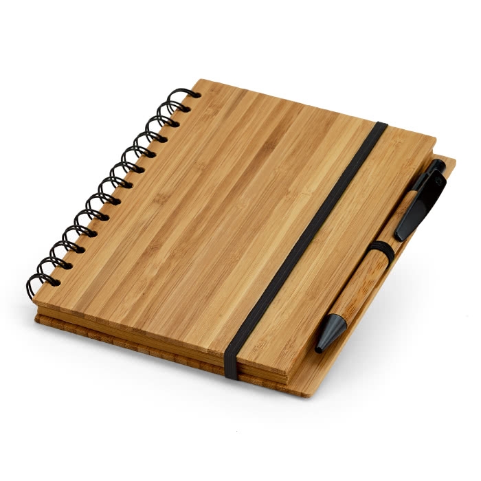 Spiral notebook recycled paper & bamboo pen, A5