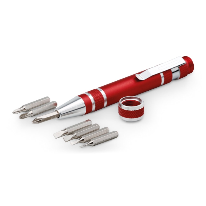 Pen-shaped metal holder with 8 screwdrivers