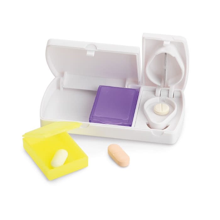 Pill box with compartment and pill cutter