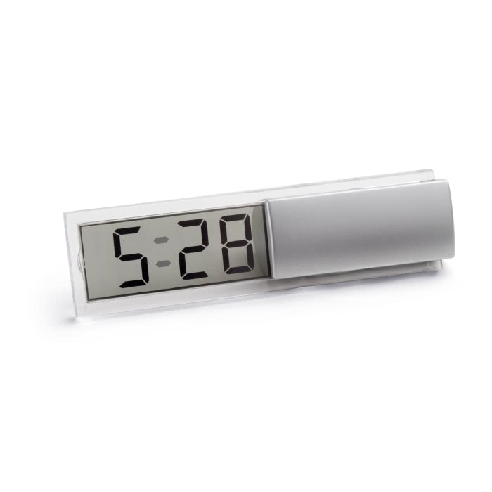 Digital table clock with calendar display in silver