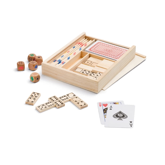 Dominoes Mikado cards, dice games in wooden box