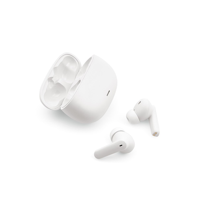 Earphones made from recycled materials in a case with battery