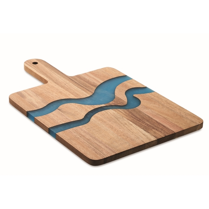 Acacia wood serving board with blue epoxy resin details