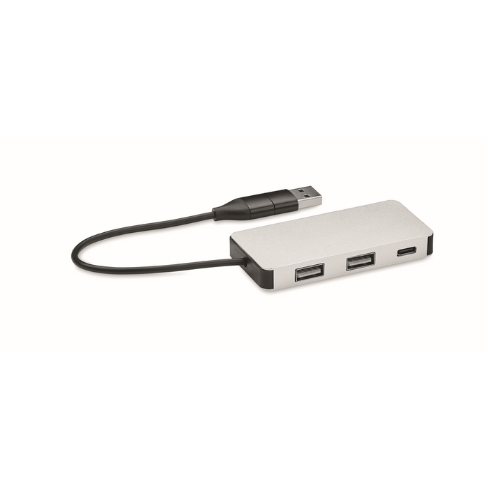 3-port USB hub made of aluminium with cable, 20 cm