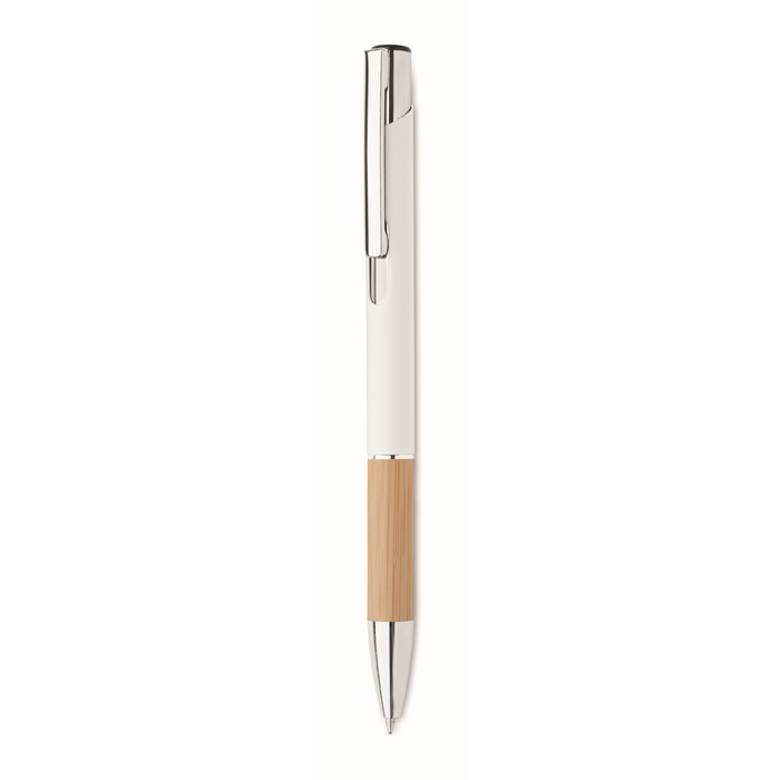 Ballpoint pen with push mechanism, bamboo handle, and blue ink