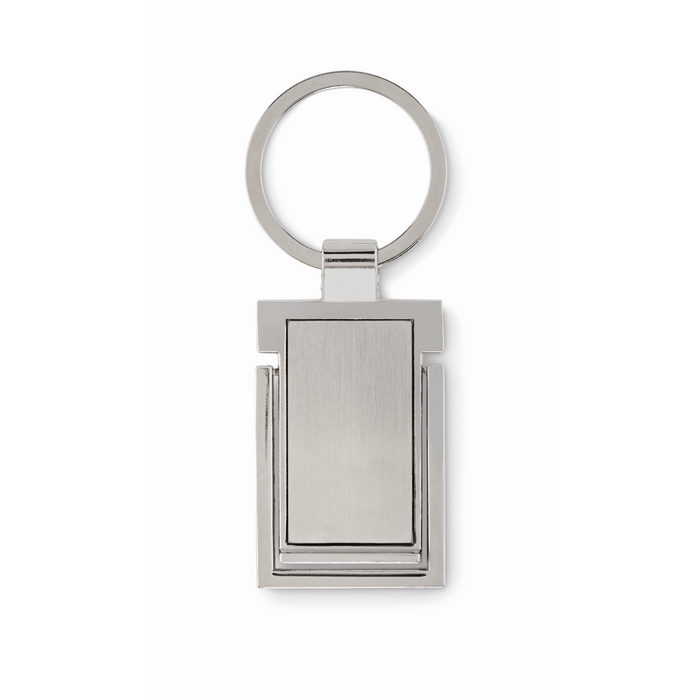 Rectangular metal keyring that also serves as phone holder