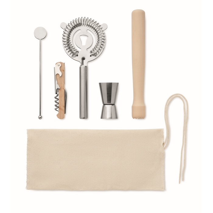 Cocktail kit with 5 essential tools in a cotton bag