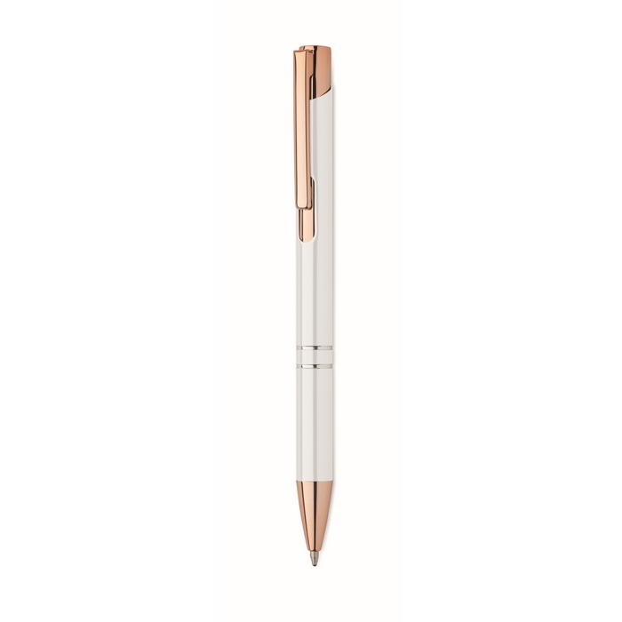 Recycled aluminium push pen with rose gold details, blue ink