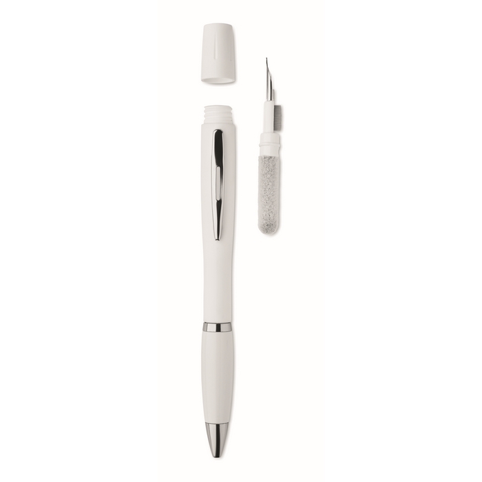 Pen with built-in earphone cleaning kit, blue ink