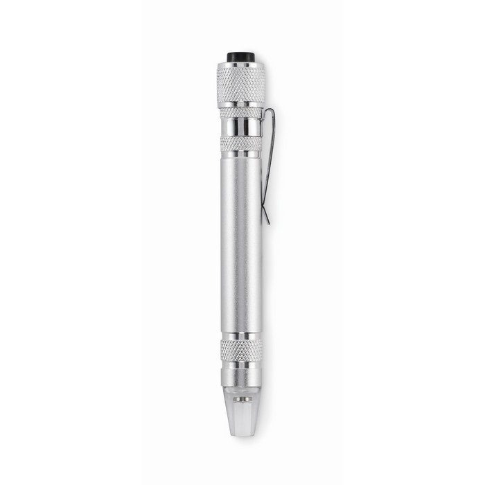 Aluminium multi-tool in pen shape with built-in flashlight