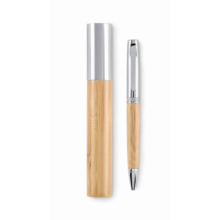 Bamboo pen in matching cylindrical box with blue ink