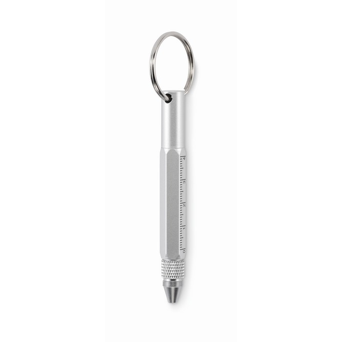 Multi-purpose keyring with black ink pen and tools