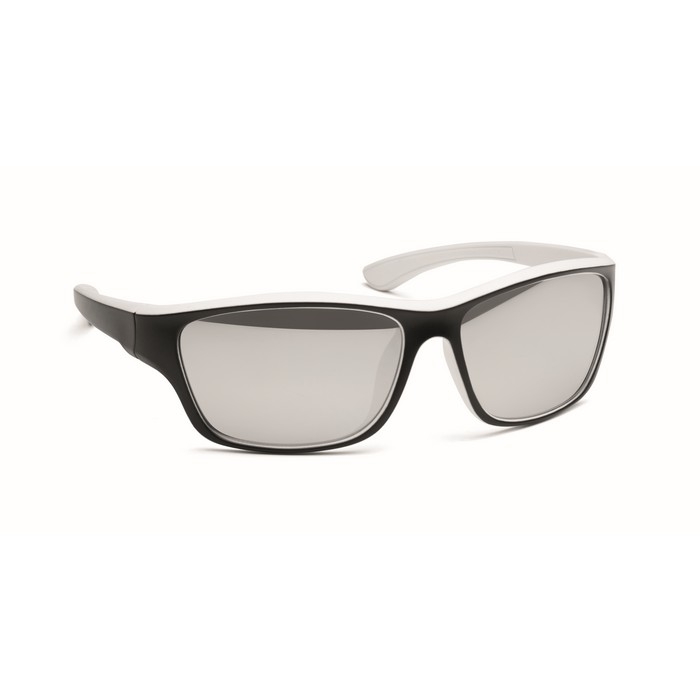 Sports sunglasses with mirrored lenses and coloured details