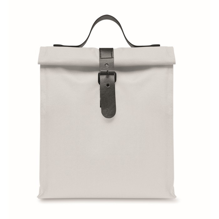 Polyester roll-top cooler bag with handle and leather closure