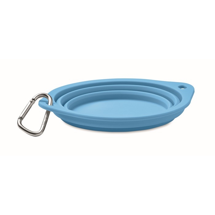 Foldable plate for eating or drinking with carabiner for pets