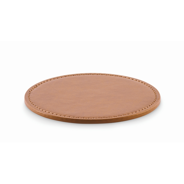 Branded, round synthetic leather coaster